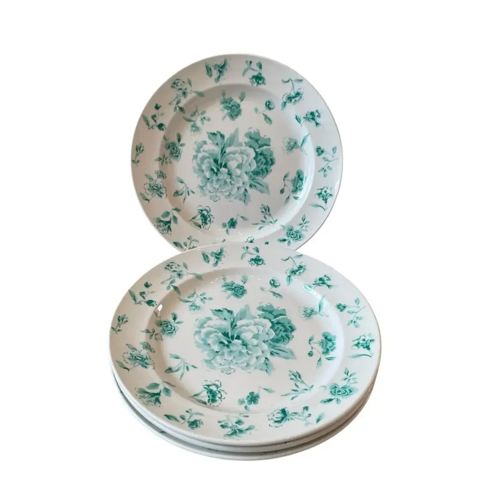Martha Stewart Floral Salad Plates 8.5in Porcelain Set of 4 Teal White NEW